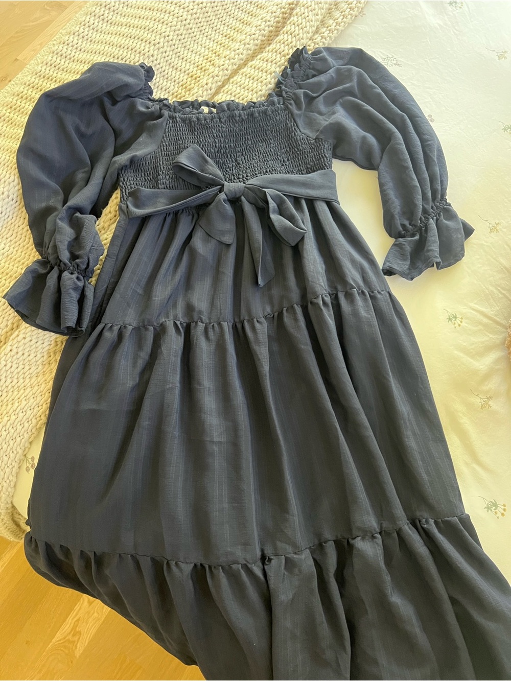 Women’s Navy Blue Smocked Tiered Dress with Bow